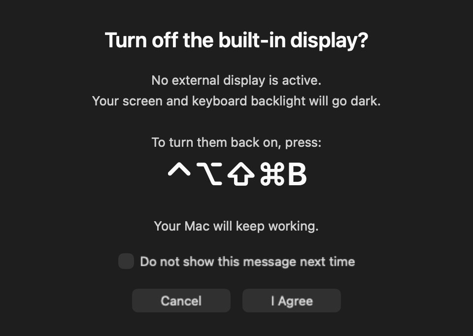 Internal Display confirmation dialog showing the recovery shortcut and Cancel and I Agree buttons